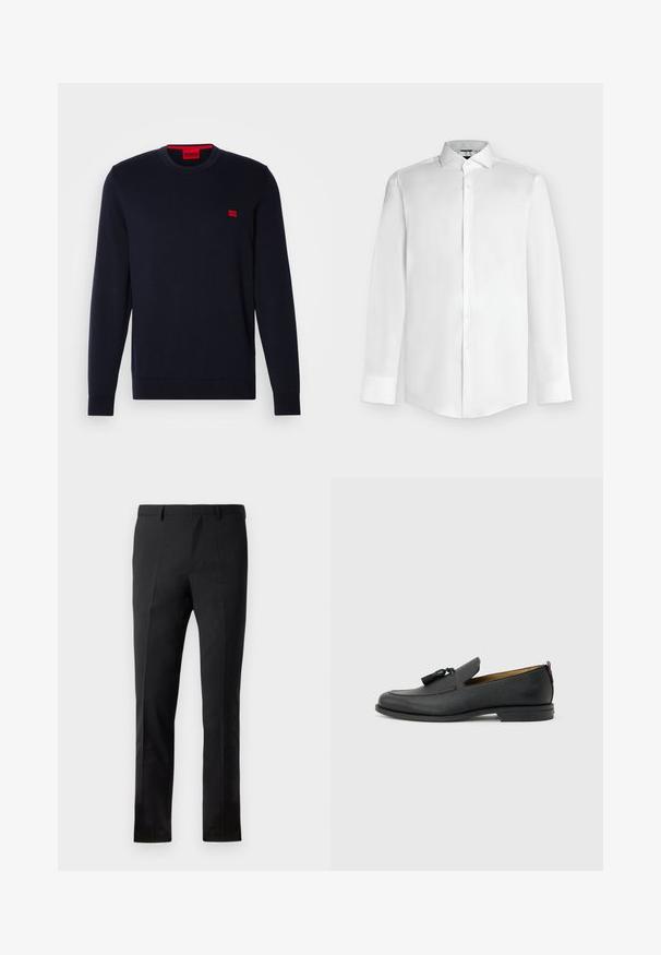 Pull en tricot bleu marine avec un col rond, des poignets et un ourlet côtelés, et un petit logo rouge sur la poitrine. Texture lisse, design décontracté.; Chemise blanche à manches longues avec col pointu et patte de boutonnage sur fond gris clair.; Pantalons noirs à coupe ajustée, avec un devant plat, deux plis, des passants de ceinture et une texture lisse. Aucune motif ou métal visible.; Mocassin pour homme en cuir noir avec pompons, bout arrondi, petit talon et languette à l'arrière, présenté de profil sur un fond gris clair.