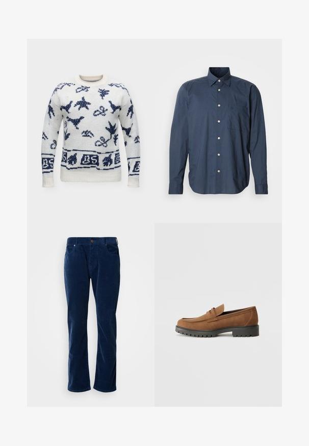 Pull blanc tricoté avec motifs abstraits d'oiseaux et de feuilles bleu marine, col rond et poignets et bas en côte.; Chemise bleu marine à manches longues, à motif à petits carreaux, avec une poche poitrine unique et des boutons blancs sur fond uni.; Scotch & Soda THE ZEE STRAIGHT - Pantalon classique - insignia blue; Mocassins en daim marron avec un bout arrondi et une semelle noire en caoutchouc basse, présentant une sangle décorative et des détails de couture sur le dessus.