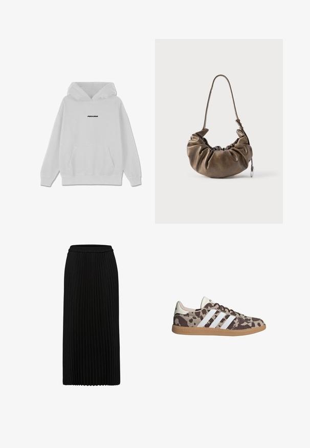 Witte hoodie met een voorzak en een capuchon met koord. Kenmerkt zich door de zwarte "PEGAODR" tekst gecentreerd op de borst. Zacht, katoenen mengselmateriaal.; Zwarte geplooide midi-rok met elastische tailleband en verticale plooien, getoond tegen een witte achtergrond.; Lage Adidas sneaker met bruin-beige luipaardprint bovenwerk, witte drie strepen, gumzool en witte hieltab met Adidas-logo.; Bruine leren tas met een geplooid ontwerp, zachte textuur, enkele verstelbare riem en een zilveren accent. Compacte, afgeronde vorm.