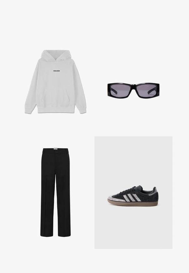 Hvid hoodie med en frontlomme og hætte med snøre. Har sort "PEGAODR" tekst centreret på brystet. Blødt, bomuldsblanding materiale.; Sorte, lige bukser med bæltestropper og frontpress, vist mod en hvid baggrund.; Sort sneaker med glitrende sølvdetaljer og tre hvide striber. Har en lavt skåret model, tekstureret overdel og brun gummisål.; Sorte rektangulære solbriller med mørkt tonede linser og glansfuld plastindfatning, vist centreret på en hvid baggrund.