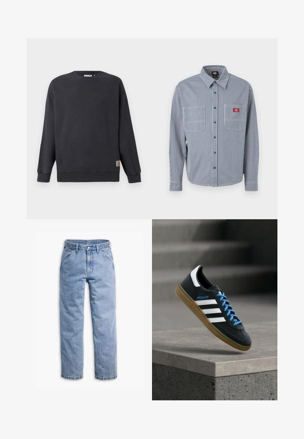 Mørkegrå crewneck sweatshirt med ribstrikkede manchetter og søm. Har en lille vævet logo-label på nederste venstre side. Lavet i bomuldsstof med en glat tekstur.; Langærmet skjorte med knapper, blå og hvide lodrette striber, to brystlommer og en rød logo på venstre lomme.; Lyseblå straight-leg denimjeans med forreste knap- og lynlås, bæltestropper og skrå forlommer.; Sort Adidas sneaker med hvide striber, blå snørebånd og gummisål, der svæver over gråt betontrin i blødt lys.