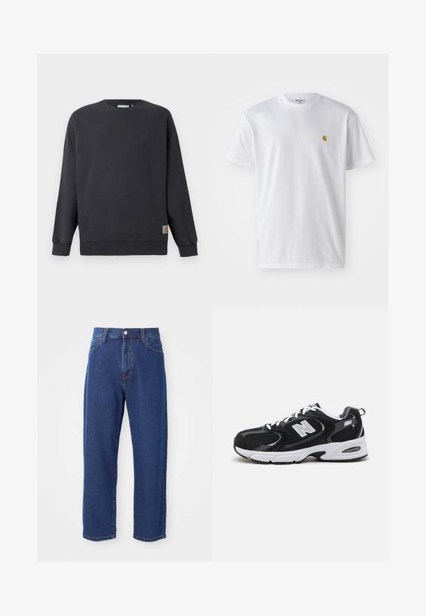 Donkergrijze crewneck sweatshirt met ribbed manchetten en zoom. Bevat een klein geweven logo-label aan de linksonderzijde. Van katoen, met een soepele textuur.; Witte katoenen t-shirt met korte mouwen en ronde hals, voorzien van een klein gouden logo op de linkerkant van de borst. Zachte textuur en een normale pasvorm.; Hoge taille blauwe jeans van denim, met een rechte pijp silhouet, zichtbare stiksels en een sluiting met een voorknoop.; Zwarte en grijze sport schoenen met een bovenwerk van mesh en suede, voorzien van een witte tussenzool, veters en een gedurfde "N"-logo aan de zijkant.
