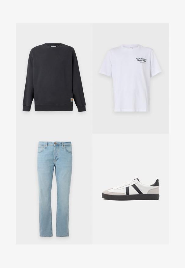 Donkergrijze crewneck sweatshirt met ribbed manchetten en zoom. Bevat een klein geweven logo-label aan de linksonderzijde. Van katoen, met een soepele textuur.; Witte katoenen t-shirt met korte mouwen en een ronde hals. De bedrukking op de linkerborst luidt "REPUBLIQUE FRANCAISE" in donkergroene letters.; Lichtblauwe denim jeans met een rechte snit, vijf zakken en een knoopsluiting bij de taille, plat gepresenteerd op een witte achtergrond.; Witte sneaker met zwarte en grijze accenten, voorzien van een grijze neus met textuur, zwarte rubberen zool en platte witte veters. Schoon ontwerp, minimalistische stijl.