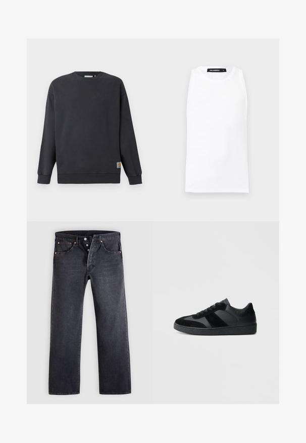Donkergrijze crewneck sweatshirt met ribbed manchetten en zoom. Bevat een klein geweven logo-label aan de linksonderzijde. Van katoen, met een soepele textuur.; Witte mouwloze ribgebreide tanktop met ronde hals en Karl Lagerfeld merklabel aan de binnenkant van de kraag, maat medium.; Zwarte spijkerbroeken met een rechte pasvorm, ontwerp met vijf zakken en koperen knoopaccenten. Gladde textuur met een licht vervaagde afwerking.; Zwarte sneakers met een mix van glad leer en suède, een gestructureerde zwarte rubberen zool en subtiele streepdetails.