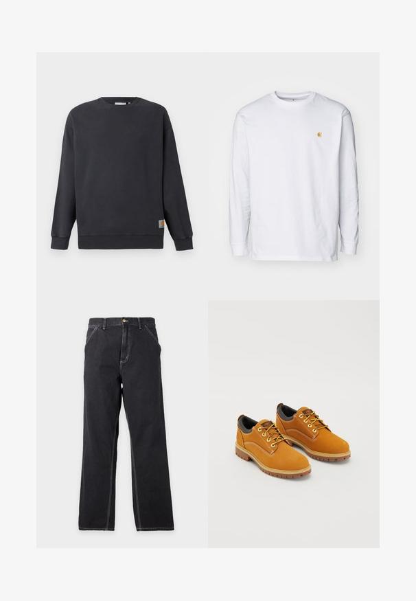 Sweatshirt à col rond gris foncé avec des poignets et un ourlet côtelés. Présente une petite étiquette logo tissée sur le bas du côté gauche. Matériau en coton, texture lisse.; T-shirt à manches longues blanc en coton. Présente un petit logo doré sur la poitrine et un col rond. Design simple et coupe standard.; Jean noir à coupe droite avec poches avant, passants de ceinture et coutures blanches visibles sur un fond gris clair uni.; Chaussures en daim marron avec un bout rond, des lacets jaunes, un col rembourré noir et des semelles en caoutchouc avec des rainures de traction.