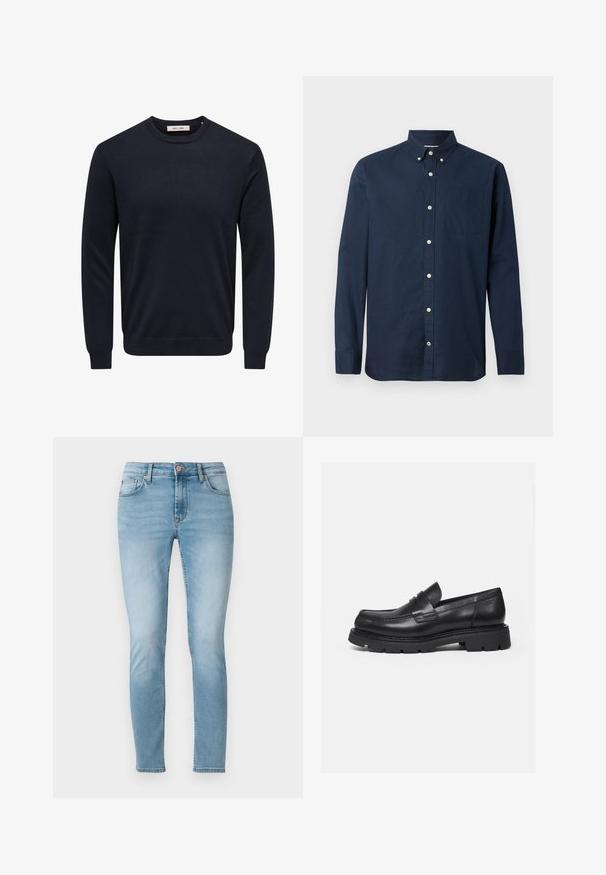 Pull bleu marine à manches longues avec col rond, bord-côtes aux poignets, à l'ourlet et à l'encolure, étiquette "Only & Sons" à l'intérieur du col.; Chemise à manches longues bleu marine en tissu léger, avec un col rabattu, une poche avant et des boutons blancs. Texture lisse.; Jean skinny bleu clair en denim, avec taille mi-haute, cinq poches et un léger dégradé sur les cuisses. Fermeture à bouton à la taille.; Mocassin en cuir noir avec semelle épaisse crantée et détail de bride penny, présenté en profil droit sur fond blanc.