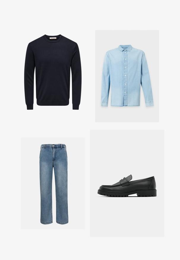 Pull bleu marine à manches longues avec col rond, bord-côtes aux poignets, à l'ourlet et à l'encolure, étiquette "Only & Sons" à l'intérieur du col.; Chemise en denim bleu clair à manches longues avec fermeture boutonnée devant et col classique, présentée sur un fond blanc uni.; Jean en denim bleu à jambes droites, avec bouton frontal, fermeture éclair et passants pour ceinture, sur un fond neutre.; Mocassins en cuir noir à bout arrondi, avec un design cousu, une semelle plateforme basse et une semelle en caoutchouc texturée et crantée.