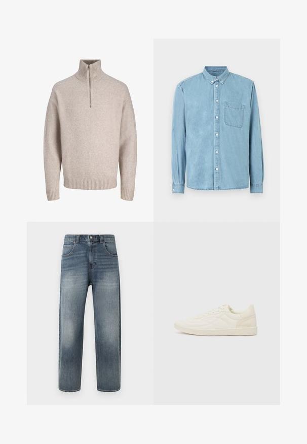Pull en tricot beige à fermeture éclair quart, fabriqué dans un tissu doux. Présente un col et des poignets côtelés, avec une coupe décontractée et un design sans coutures.; Chemise en denim bleu clair à manches longues avec col boutonné, poche poitrine avant, et boutons blancs au centre et aux poignets.; Jean en denim bleu clair à coupe droite, doté de cinq poches, d'une braguette zippée et d'un léger effet délavé sur les jambes. Fini avec des accents de couture.; ALDO THEPITCH - Baskets basses - white