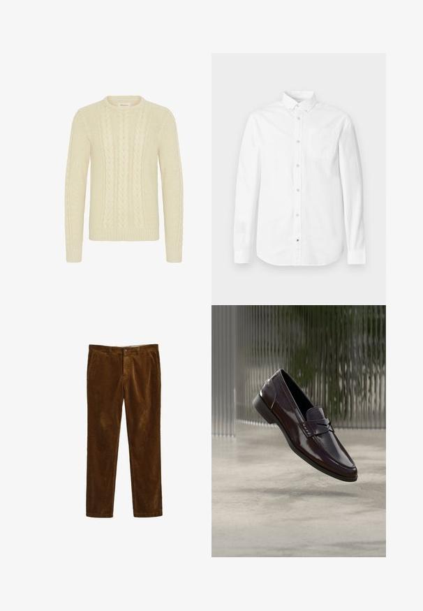 Blend BHBASIM - Striktrøje - oyster gray; Hvid langærmet skjorte lavet af bomuld. Har en skjult knapkrave, brystlomme og diskret tekstur. Lige kant med knaplukning.; Brune corduroy bukser med et lige ben-design, der har en frontlukning med knap og to sidelommer. Tekstiler med ribbet mønster.; Brune lædermokkasiner med en blank finish, der har en hævet søm og en lille udskæringsdetalje foran samt en lav sort sål.