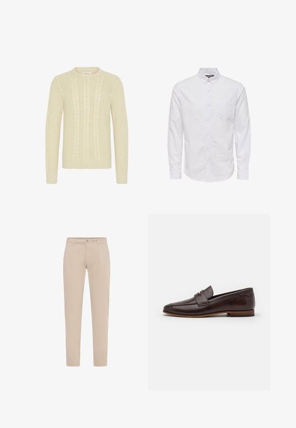 Blend BHBASIM - Pullover - oyster gray; Chemise blanche à manches longues, boutonnée, en coton, avec un col, des boutons sur le devant et une poche poitrine unique. Texture douce.; Chinos beige slim fit avec fermeture à bouton et zip à l'avant, passants pour ceinture et poches latérales, présentés sur un fond blanc.; Mocassin en cuir brun avec un accent tressé sur le dessus, finition lisse, bout légèrement pointu et un talon bas empilé.