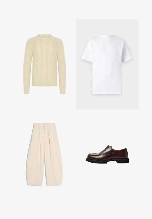 Blend BHBASIM - Striktrøje - oyster gray; Hvid kortærmet t-shirt lavet af bomuld med rund hals, der har en glat tekstur og et simpelt design uden mønstre eller accenter.; Bukser i cremefarve med vid ben, høj talje og frontplisser, vist fladt på en hvid baggrund.; Brune lædersko med rund tå, syninger og en sort gummisål med et tekstureret mønster. Ren design.