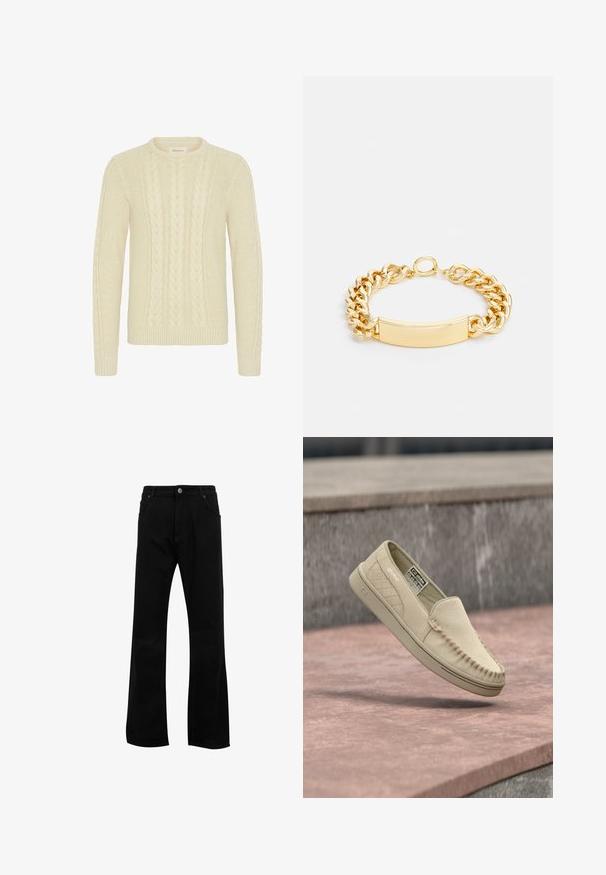Blend BHBASIM - Striktrøje - oyster gray; Sorte jeans med lige ben, frontknap og lynlås, bæltestropper og forlommer, vist på en hvid baggrund.; Beige ruskind slip-on loafers med quiltet sidepanel, mokassin-stikninger og gummisål, svæver over en stensoverflade.; Guld kædearmbånd med en flad, glat central plade og sammenflettede led. Overfladen er blank med en poleret finish.