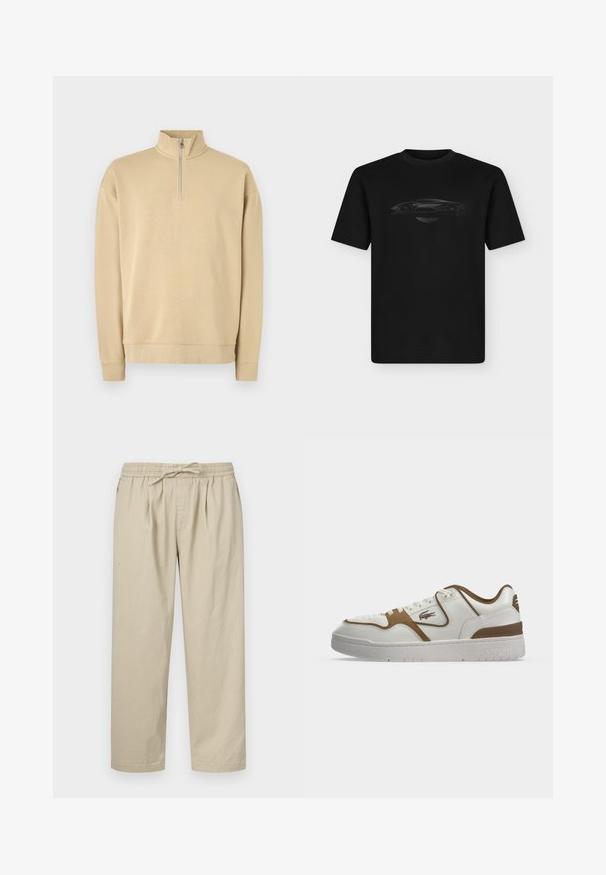 Beige Sweatshirt mit hohem Kragen und halbem Reißverschluss. Verfügt über gerippte Bündchen und Saum sowie ein dezentes Logo auf der Brust. Glatte Textur.; Schwarzes kurzärmeliges T-Shirt mit einer minimalistischen Skizze eines Sportwagens und einem kleinen geflügelten Logo unter dem Design auf der Brust.; Beige Baumwollhose mit elastischem Bund und Kordelverschluss. Sie zeichnet sich durch eine lockere Passform und gerade Beine aus und ist aus einem weichen, glatten Stoff gefertigt.; Weißer und brauner Sneaker mit niedrigem Schaft und Schnürung vorne, Lacoste Krokodil-Logo an der Seite und dicker weißer Sohle mit eingeprägtem Markennamen.