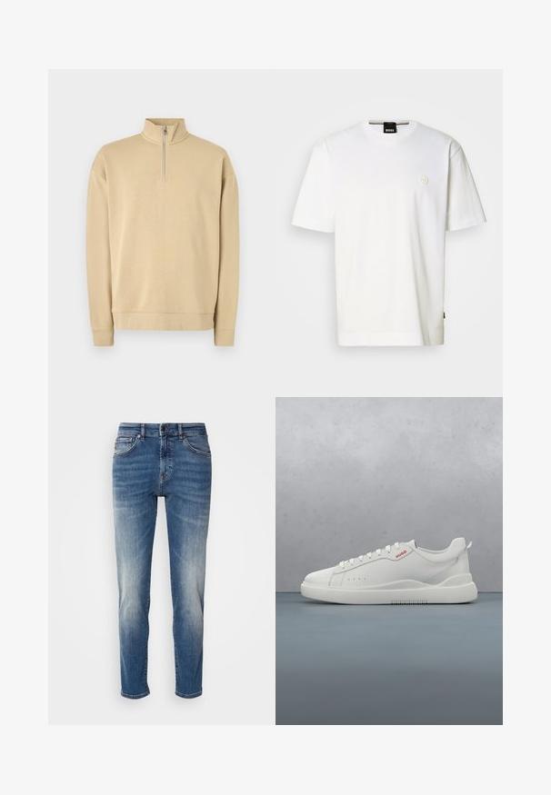 Beige Sweatshirt mit hohem Kragen und halbem Reißverschluss. Verfügt über gerippte Bündchen und Saum sowie ein dezentes Logo auf der Brust. Glatte Textur.; Weißes Baumwoll-T-Shirt mit Rundhalsausschnitt, kurzen Ärmeln und kleinem Logo auf der Brust. Gerade geschnittener Saum unten.; Blaue Jeans aus Denim mit geradem Bein, leichter Ausbleichung, klassischer Fünf-Taschen-Stil und einem Reißverschluss mit Knopfverschluss.; Weiße Sneaker aus glattem Leder, runde Spitze, vier Ösen, dezente Perforationen und ein rotes Logodetail an der Seite.