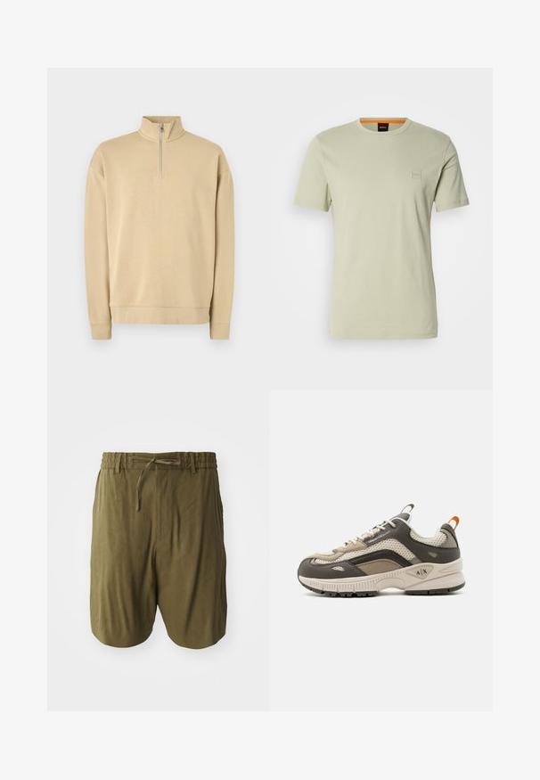 Beige Sweatshirt mit hohem Kragen und halbem Reißverschluss. Verfügt über gerippte Bündchen und Saum sowie ein dezentes Logo auf der Brust. Glatte Textur.; Hellgrünes T-Shirt mit kurzen Ärmeln aus Baumwolle. Verfügt über ein kleines quadratisches Logo auf der Brust und einen orangen Akzent am Ausschnitt.; Olivgrüne Shorts aus leichtem Stoff, mit einem elastischen Bund und Kordelzug sowie seitlichen Taschen für zusätzlichen Komfort.; Grauer und beiger Sneaker aus Mesh und Leder mit weißer Sohle, Schnürsenkeln und orangefarbener Zuglasche, mit Armani Exchange Logo an der Seite und der Sohle versehen.
