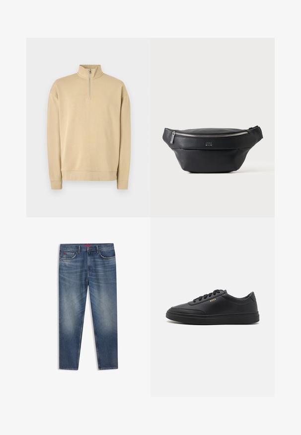 Beige Sweatshirt mit hohem Kragen und halbem Reißverschluss. Verfügt über gerippte Bündchen und Saum sowie ein dezentes Logo auf der Brust. Glatte Textur.; Blaue Jeans aus Denim mit klassischem Design, versehen mit einem Knopfverschluss, fünf Taschen und dezentem Ausbleichen. Gerade Beinform, mittlere Waschung.; Schwarze Leder-Sneaker mit glatter Textur, runder Zehenpartie, flacher Gummisohle und einfarbigen Schnürsenkeln. Mit goldfarbenem "BOSS" Logo an der Seite.; Schwarze strukturierte Leder-Gürteltasche mit silbernem Reißverschluss und kleinem BOSS-Logo mittig auf der Fronttasche.