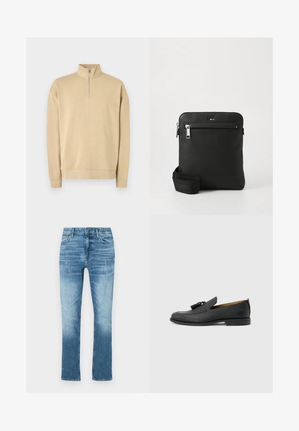 Beige sweatshirt met een hoge hals en een rits tot de helft. Heeft ribgebreide mouwen en zoom, met een subtiele logo op de borst. Gladde textuur.; Lichtblauwe straight-leg jeans van denim, met een vervaagde afwerking, subtiele slijtage en een traditionele vijf-vakkenontwerp.; Zwarte leren herenslof met kwastjes, ronde neus, lage hak en trekkoord aan de achterkant, zijaanzicht op lichtgrijze achtergrond.; Zwarte leren crossbodytas met een plat ontwerp, een gestructureerd oppervlak, ritssluiting, voorvak en een verstelbare stoffen riem.