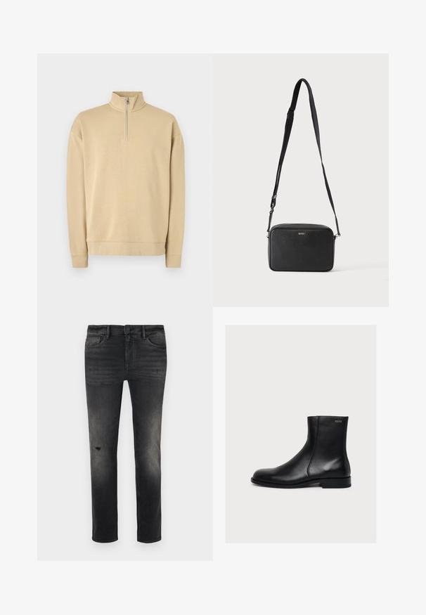 Beige sweatshirt med høy hals og halv glidelås. Har ribbestrikkede mansjetter og kant, med en subtil logo på brystet. Glatt tekstur.; Slim-fit mustat denim-farkut, joissa on vaalennuksia ja kevyitä kulumia polvien lähellä, viisi taskua sekä tavanomainen nappi- ja vetoketjukiinnitys.; Musta sileä nahkainen nilkkasaapas, jossa matala korko ja sivuvetoketju, Hugo-merkintä lähellä yläreunaa.; Musta suorakulmainen olkalaukku säädettävällä hihnalla ja BOSS-logo edessä, yksivärisen vaalean taustan edessä.