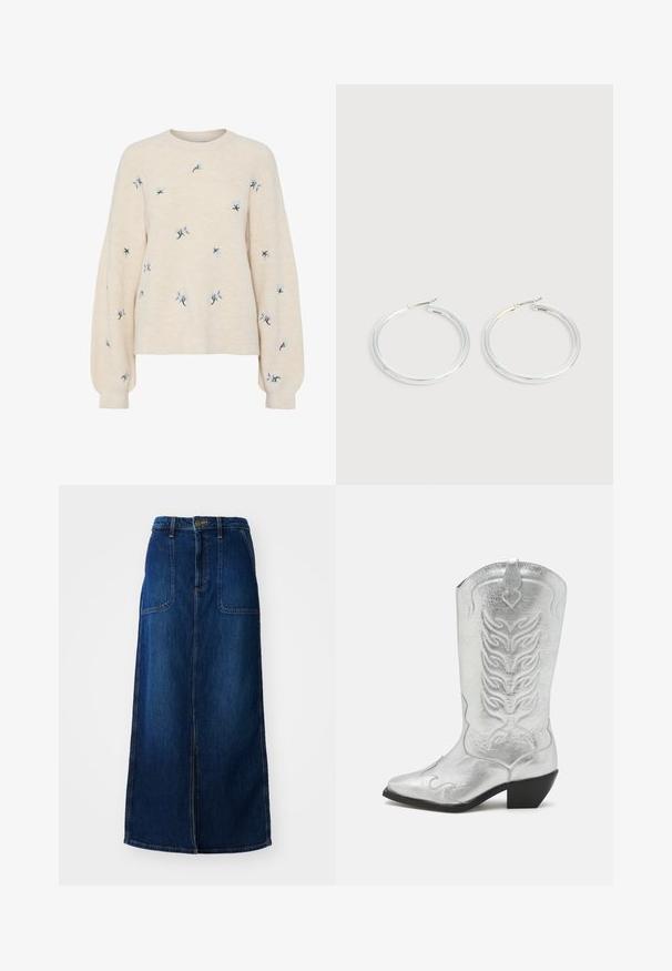 Pull beige avec une texture côtelée, orné de broderies florales bleues. Encolure ronde et manches longues amples.; Jupe en denim bleu foncé, avec une taille haute, deux poches avant et une silhouette droite, longueur cheville, avec un détail de couture centrale.; Botte de cowboy argentée avec un bout pointu, des coutures décoratives et un talon noir légèrement surélevé. Fait en cuir brillant.; Paire de boucles d'oreilles créoles argentées brillantes avec fermoirs en fil fin, présentée sur un fond gris clair.