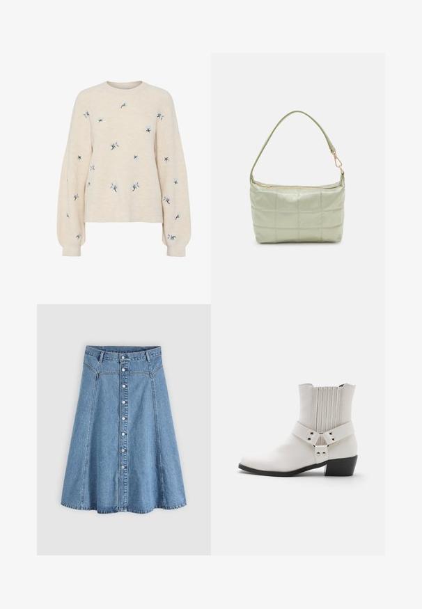 Beige striktrøje med ribbet tekstur, prydet med blå blomsterbroderi. Rund halsudskæring og løse, lange ærmer.; Lyseblåt denim A-formet nederdel med hvide knapper foran og bæltestropper, vist mod en ensfarvet grå baggrund.; Hvide læder ankelstøvler med en let spids tå, rynket rygdetalje og en bred rem med spændehardware over anklen.; Polstret grøn skuldertaske med blød tekstur, rektangulær form, enkelt strop og lynlås i guldtoner. Har et quiltet mønster.