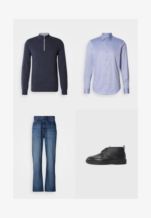 Mørkeblå halv-zip sweater med en grå krave. Fremstillet af et struktureret stof, med lange ærmer og en tætsiddende pasform.; Lyseblå langærmet skjorte med krave, knaplukning foran og manchetter. Diskret ternet mønster og glat stoff tekstur.; Blå denimjeans med høj talje, flagrende ben, fem-lommers design og tonal syning. Har en knaplukning og nitterede lommer.; Sorte læder ankelstøvler med glat tekstur, rund tå og sort gummisål. Har en snørelukning og en hælflap for nem påtagning.