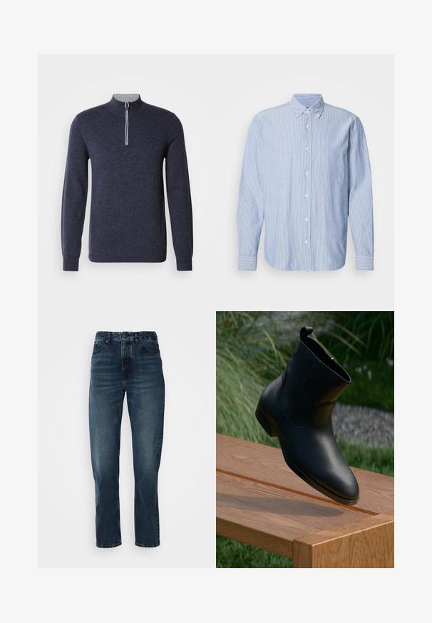Suéter azul marino con media cremallera y cuello gris. Hecho de una tela texturizada, cuenta con mangas largas y un diseño ajustado.; Camisa de botones en azul claro con rayas blancas, que presenta un cuello clásico y mangas largas. Confeccionada en tejido tejido con una textura suave.; Jeans de pierna recta azul oscuro con cierre frontal de botón y cremallera, diseño de cinco bolsillos y un ligero desgaste en los muslos y las rodillas.; Botín negro de cuero con cremallera, posicionado en un extremo de un banco de madera pulida al aire libre, con césped y piedras de fondo.