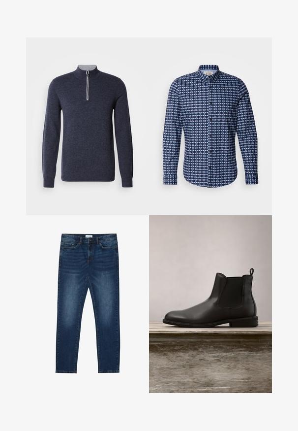 Námornícky polovičný zips sveter so šedým golierom. Vyrobený z textúrovaného materiálu, s dlhými rukávmi a priliehavým strihom.; Scotch & Soda SLIM FIT SHIRT - Košeľa - faded denim; Tmavomodré úzke džínsy s bledými detailmi, klasický dizajn s piatimi vreckami, zapínanie na gombík a pútka na opasok.; Čierne kožené členkové topánky s hladkým povrchom, zaoblenou špičkou, elastickými bočnými panelmi a pútkom, umiestnené na drevenej ploche.
