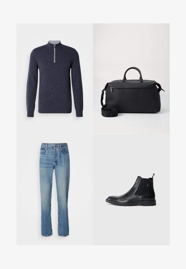 Suéter azul marino con media cremallera y cuello gris. Hecho de una tela texturizada, cuenta con mangas largas y un diseño ajustado.; Jeans de denim de pierna recta en azul claro con una cintura alta, cierre frontal de botón y cremallera, y diseño de cinco bolsillos.; Botines Chelsea de cuero negro con paneles elásticos laterales, una pestaña para tirar y una suela de goma plana. Textura suave con un detalle mínimo.; Bolsa de viaje de cuero negro con dos asas superiores, una correa de hombro desmontable y un bolsillo frontal con cremallera para almacenamiento adicional.