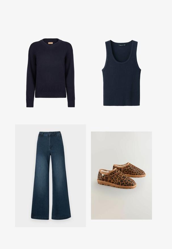 Pull en v bleu marine en tricot doux ; possède des poignets et un ourlet côtelés. Design simple et classique sans motifs ni embellissements.; Débardeur sans manches bleu marine en tissu côtelé, avec un col rond et des larges bretelles. Texture lisse sans motifs.; Jean en denim bleu foncé, taille haute et jambes larges, avec poches avant et passants de ceinture sur fond blanc.; Chaussures à enfiler marron avec un motif léopard, dotées d'un doublure douce, d'une semelle en caoutchouc et de peu de détails de couture.