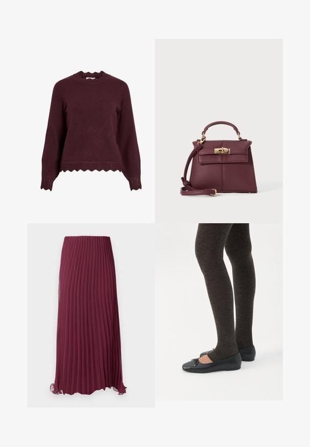 Suéter de punto burdeos con mangas largas, escote con ondas y dobladillo texturizado que presenta un patrón en zigzag. Material suave, diseño ajustado.; Larga falda de color burdeos con pliegues, hecha de un tejido ligero, con una cintura elástica y un dobladillo ligeramente rizado. Pliegues verticales texturizados en toda la prenda.; Piernas con leggings oscuros acanalados combinados con bailarinas negras que presentan pequeños detalles de lazo sobre un fondo blanco.; Bolso de cuero burdeos con forma estructurada, correa desmontable, asa superior, herrajes dorados y cierre de clasp en la parte frontal.