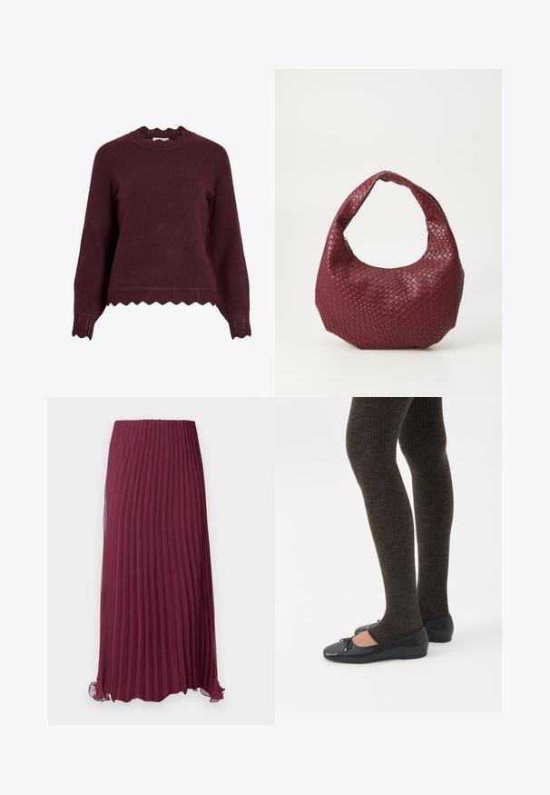 Burgunderrød strikket sweater med lange ærmer, scallop-halsudskæring og tekstureret kant med zigzag-mønster. Blødt materiale, tætsiddende design.; Lang burgunderfarvet plisseret nederdel lavet af letvægtsstof med elastisk talje og en let flæset kant. Teksturerede lodrette plisseringer overalt.; Ben iført mørke ribbede leggings kombineret med sorte balletsko med små sløjfedetaljer på hvid baggrund.; Vævet bordeaux håndtaske med en rund silhuet, et enkelt håndtag og en tekstureret overflade. Lynlåslukning øverst.