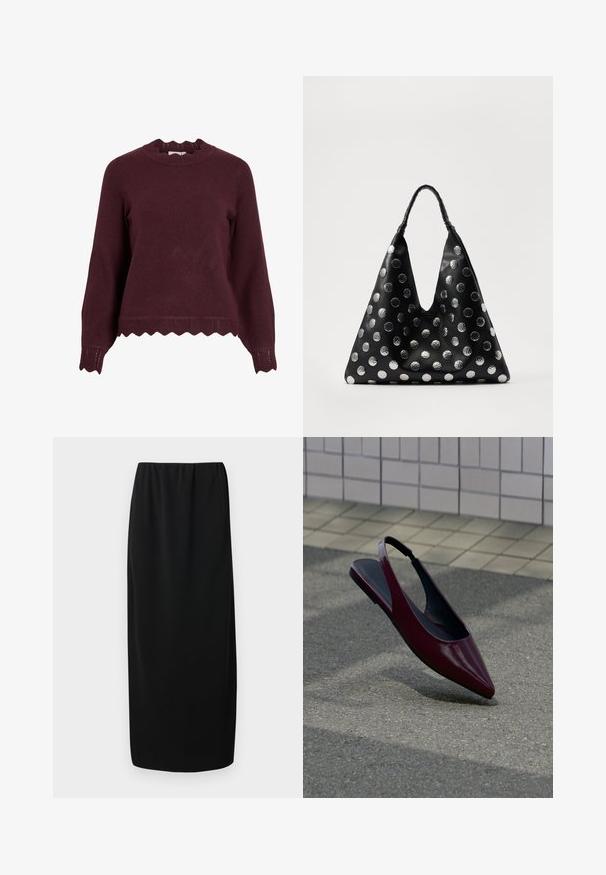 Burgunderrød strikket sweater med lange ærmer, scallop-halsudskæring og tekstureret kant med zigzag-mønster. Blødt materiale, tætsiddende design.; Sort midi-skjørt med elastisk talje. Fremstillet af et glat stof, har det en lige pasform uden yderligere mønstre eller udsmykninger.; Bordeaux laklæder slingback flad sko med spids tå, svævende over tekstureret fortov nær flisebelagt væg.; Sort lædertaske med en trekantet form, udstyret med sølvfarvede metallic prikker og et tekstureret håndtag. Generelt glat finish.