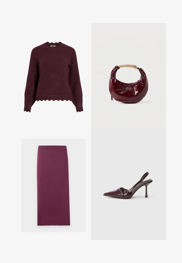 Burgunderrød strikket sweater med lange ærmer, scallop-halsudskæring og tekstureret kant med zigzag-mønster. Blødt materiale, tætsiddende design.; En ensfarvet blyantskørt i blommefarve med en lige pasform og midilengde, vist fladt mod en hvid baggrund.; Bourgogne laklæder slingback-hæl med spids tå, tynd ankelrem og lille dekorativ spænde. Glat tekstur og høj hæl.; Bordeaux farvet faux læder handbag med en afrundet form, samling detaljer og et guldtonet metalhåndtag. Glat tekstur og blank finish.