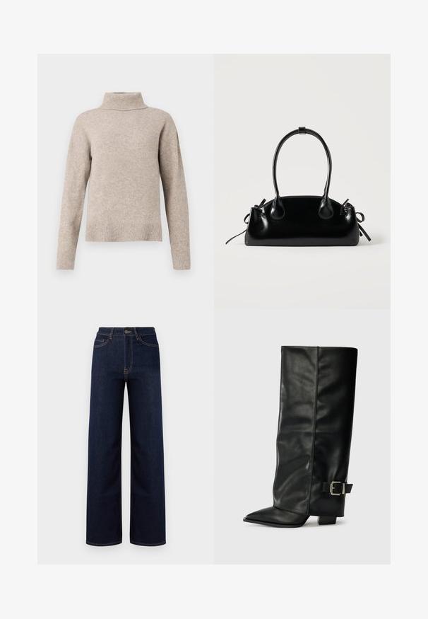 Beige rullekrave sweater lavet af blødt strikstof, med ribbet krave og manchetter, afslappet pasform og glat tekstur.; Mørkeblå bredbenede jeans lavet af denim, med høj talje, fire lommer og kontrastfarvet syninger langs sømmene.; Sorte læder ankelstøvler i ankellængde med spids tå, glat tekstur og en sølvspændeaccents på siden. Kraftig firkantet hæl.; Lille sort blank håndtaske med to lange håndtag og snøre-detaljer i siden på en ensfarvet lys baggrund.