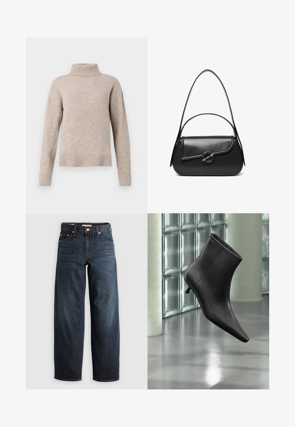 Beige rullekrave sweater lavet af blødt strikstof, med ribbet krave og manchetter, afslappet pasform og glat tekstur.; Mørkeblå denimjeans med lige ben, fem lomme-stil og kontrastsyninger samt knappelukning.; Sort læderankelstøvle med spids tå og lille hæl vist mod en væg af glasblokke og poleret gulv baggrund.; Sort skuldertaske i læder med en buet klap, der er fastgjort med en rund metal spænde, og en slank, justerbar rem.