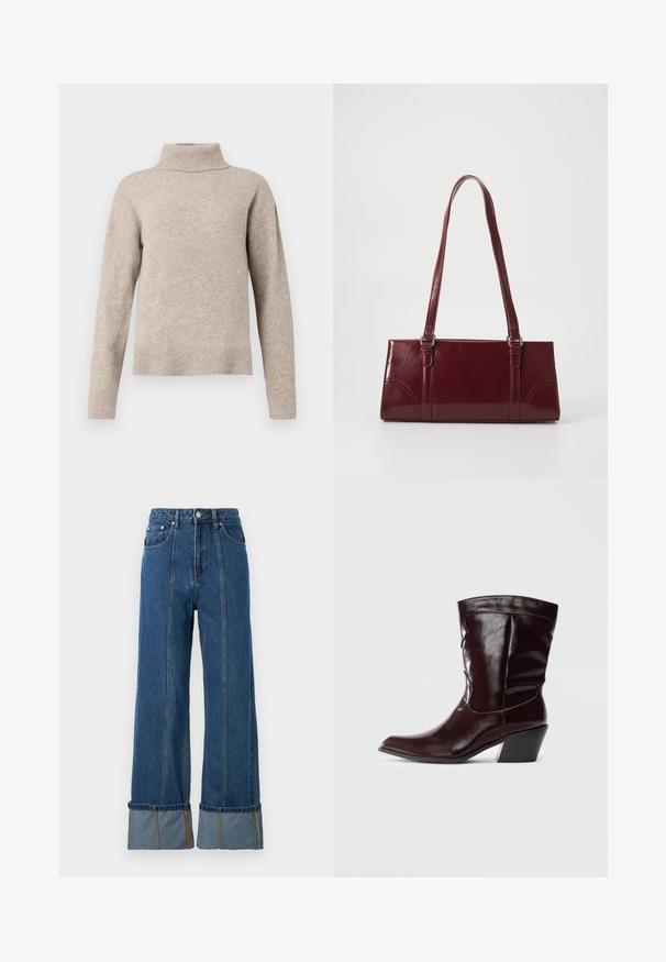 Beige rullekrave sweater lavet af blødt strikstof, med ribbet krave og manchetter, afslappet pasform og glat tekstur.; Blå jeans med højtaljet pasform og vidde ben, med kontrasterende denim-manchetter, synlige sømme og forlommer.; Bordeaux læder ankelstøvler med spids tå, tekstureret overflade og en lav, taperet hæl. Har diskrete søm og en tætsiddende pasform.; Bordeaux håndtaske lavet af glansfuldt materiale, rektangulær form, med to skulderremme og subtile buede detaljer på forsiden.