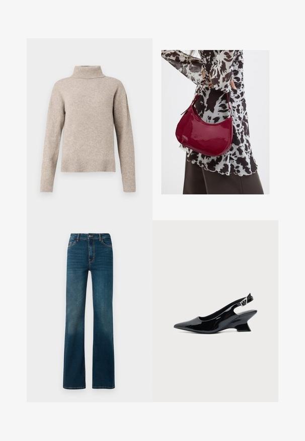 Beige rullekrave sweater lavet af blødt strikstof, med ribbet krave og manchetter, afslappet pasform og glat tekstur.; Mørkeblå, højtaljede jeans med lige ben. Lavet af denim, med kontrastsyninger og et klassisk fem-lomme design.; Sort laklæder slingback sko med spids tå og lav vinklet blokhæl på ensartet lys baggrund.; Kvinde iført en sort- og hvidmønstret bluse, der holder en blank rød skuldertaske mod en ensfarvet baggrund.