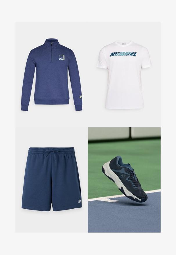 Pull-over bleu marine à fermeture quart de zip, fabriqué en tissu doux, avec un logo jaune et bleu, et des poignets et ourlet côtelés pour une silhouette ajustée.; T-shirt de sport blanc à manches courtes avec logo bleu "HUMMEL" et petit texte "ACTIVE SPORTSWEAR" sur la poitrine, fond uni.; Shorts de sport bleu marine avec ceinture élastique, cordon, poches latérales et logo New Balance blanc sur la jambe gauche.; Baskets bleu foncé et blanc avec lacets flottant au-dessus d'un court de tennis avec des sections vertes et bleues.