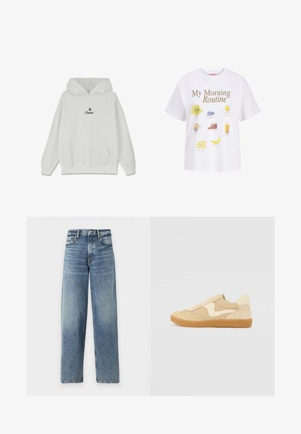 Weißer Kapuzenpullover mit einer vorderen Kängurutasche. Ausgestattet mit minimalem schwarzen Text "Pegador" und einem dekorativen Blattdesign darüber. Aus Baumwollmaterial.; Weißes T-Shirt mit dem Text „My Morning Routine“ und Illustrationen von Toast, Heidelbeeren, Spiegelei, Kaffee, Marmelade, Orangensaft, Butter und Banane.; Hellblaue Denimjeans mit geradem Schnitt, hoher Taille und dezentem Verblassen. Verfügt über fünf Taschen und einen Knopfverschluss.; Beige Sneaker aus Wildleder und Mesh-Materialien, runde Form, auffälliger gepolsterter Kragen und eine Sohle aus Gummi. Verfügt über ein wellenförmiges Design-Highlight.