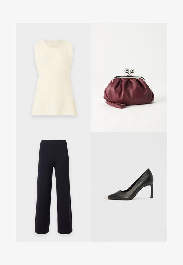 Haut sans manches de couleur crème en tricot avec un col rond et un ourlet légèrement évasé sur un fond uni.; Pantalon noir à jambes larges avec une taille haute et des ourlets retroussés, présenté sur un fond clair uni.; Chaussure à talon haut en cuir noir avec bout pointu et capuchon argenté métallique. Présente une finition lisse et un talon fin de 10 cm.; Petit sac pochette en cuir bordeaux avec fermoir métallique argenté et bracelet sur fond blanc.