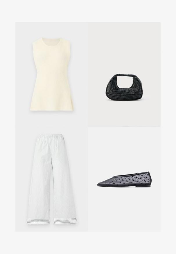 Haut sans manches de couleur crème en tricot avec un col rond et un ourlet légèrement évasé sur un fond uni.; Pantalon blanc à jambes larges avec fines rayures verticales grises, taille élastique et détails à rayures horizontales à l'ourlet.; Chaussure plate noire à bout pointu, en tissu transparent avec un motif à pois noirs sur un fond clair.; Sac hobo tissé noir avec une structure souple et une poignée intégrée, présenté sur un fond clair uni.