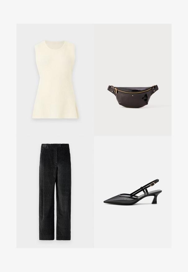 Haut sans manches de couleur crème en tricot avec un col rond et un ourlet légèrement évasé sur un fond uni.; Pantalons larges noirs texturés avec un tissage prononcé, dotés de plis à l'avant et d'une taille plate. Design classique pour la polyvalence.; Chaussure slingback noire à bout pointu avec tige en mesh, fines brides, boucle dorée et petit talon incurvé sur fond blanc.; Fanny pack en cuir noir et brillant avec un design courbé, accent en zip doré, sangle réglable et petit matériel décoratif.