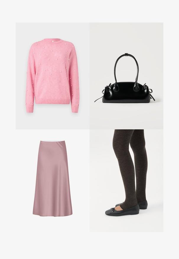 Pull rose en tricot doux, ornée de grandes perles dispersées sur sa surface. Col et ourlet côtelés.; Jupe midi en satin rose doux avec une silhouette trapèze et un tissu lisse et fluide.; Jambes portant des leggings côtelés foncés associés à des ballerines noires avec de petits détails en nœud sur fond blanc.; Petit sac à main noir brillant avec deux longues anses et des détails à cordon sur les côtés sur un fond clair uni.