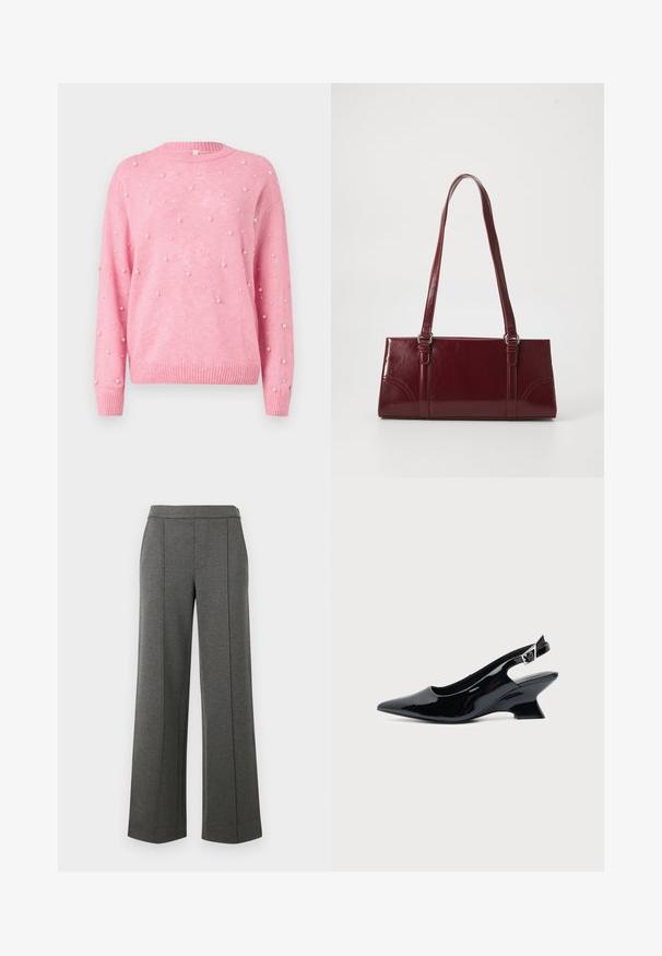 Pull rose en tricot doux, ornée de grandes perles dispersées sur sa surface. Col et ourlet côtelés.; Pantalons gris à larges jambes en tissu texturé, dotés d'une taille lisse et de coutures verticales, offrant une coupe décontractée et fluide.; Chaussure slingback en cuir verni noir avec bout pointu et petit talon bloc incliné sur fond clair uni.; Sac à main bordeaux en matériau brillant, de forme rectangulaire, avec deux anses et des accents légèrement courbés à l'avant.