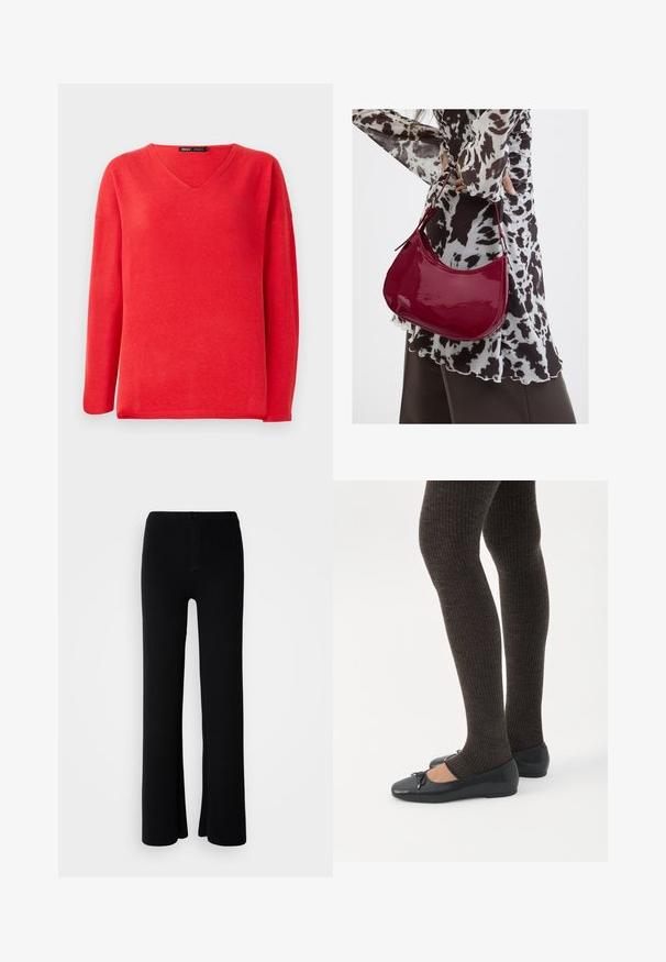 Suéter rojo de manga larga con escote en V, de corte relajado y etiqueta de la marca "ONLY" en el interior del cuello.; Pantalones negros de campana hechos de tela suave, con cierre frontal de botón y un diseño liso y sin adornos.; Piernas con leggings oscuros acanalados combinados con bailarinas negras que presentan pequeños detalles de lazo sobre un fondo blanco.; Mujer con blusa de estampado en blanco y negro sosteniendo un bolso de hombro rojo brillante sobre un fondo liso.