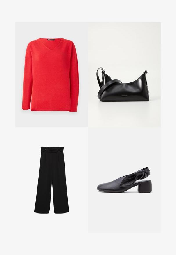 Pull rouge à manches longues en V avec une coupe décontractée et une étiquette de marque "ONLY" à l'intérieur du col.; Pantalon noir à jambes larges avec une taille haute, doté de deux boutons à l'avant et d'une texture lisse. Coupe droite avec des plis à l'avant.; Chaussure slingback en cuir noir avec bout arrondi, détail de bride nouée et petit talon carré sur fond blanc.; Sac à main en cuir noir avec une texture lisse. Dispose d'une bandoulière adjustable et d'un design élégant et minimaliste avec une fermeture éclair.