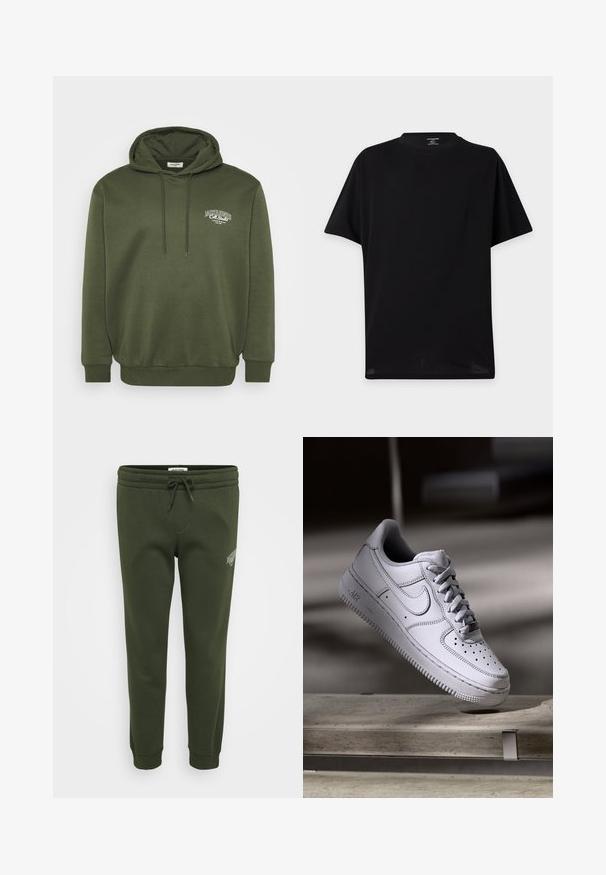 Olivengrøn hættetrøje lavet af en bomuldsblandingsstof, med en frontlomme i kangaroo-stil, snoretræk i hætten og hvid logo-brodering på brystet.; Ensfarvet sort T-shirt med korte ærmer og rund hals uden synlige logoer eller designs vist mod en lys baggrund.; Olivenfarvede sweatpants lavet af blød bomuldsblanding, med elastisk talje med snor og ribbede manchetter ved anklerne.; Hvid læder Nike Air Force 1 sneaker med perforeret tå, flade snørebånd og tekstureret gummisål med "AIR" branding på siden.