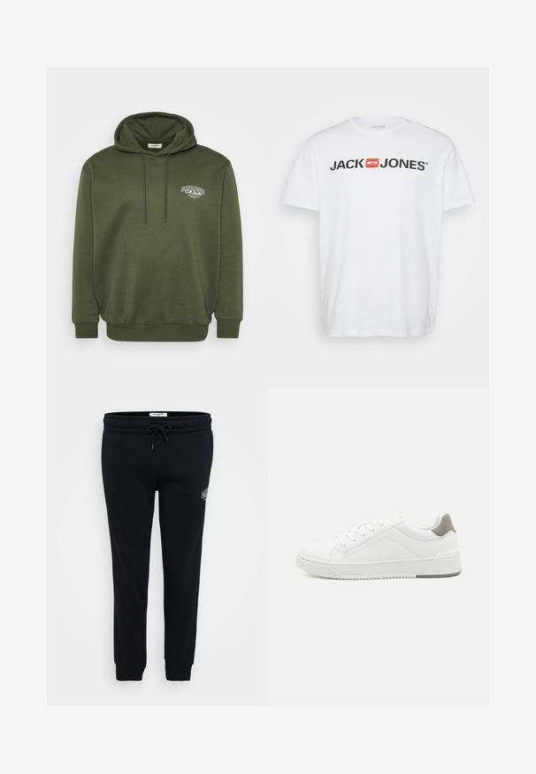 Olivegrüner Hoodie aus Baumwollmischgewebe, mit einer vorderen Kängurutasche, Kapuze mit Kordelzug und weißem Logo-Stick auf der Brust.; Weißes Baumwoll-T-Shirt mit dem schwarzen "JACK & JONES" Logo und einem roten rechteckigen Akzent. Kurze Ärmel und Rundhalsausschnitt. Glatte Textur.; Schwarze Jogginghose aus weichem Material, mit elastischem Bund, Kordelzug, Seitentaschen und einem kleinen Logodetail auf der Hüfte.; Weißer Sneaker aus glattem Leder, runde Zehenpartie, minimalistisches Design, graue Fersenkante und strukturierte Gummisohle.