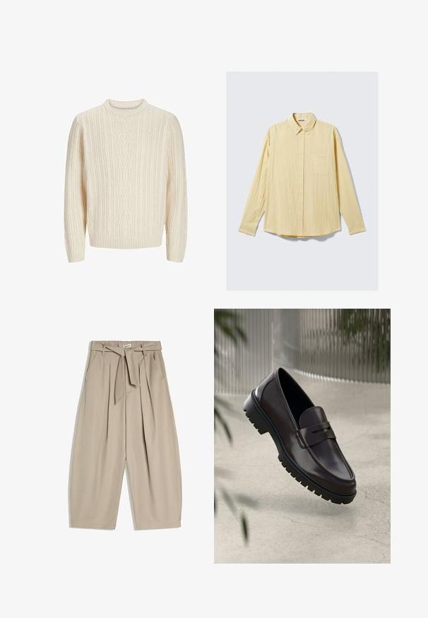 Pull en tricot couleur crème présentant un motif de côtes texturé, un col rond, et des poignets et un ourlet à côtes. Tissu doux et épais.; Chemise jaune à manches longues boutonnée en tissu texturé, avec une poche poitrine, un col pointu et un ourlet arrondi. Étiquette de la marque visible.; Pantalon beige à jambes larges avec plis, poches latérales, passants pour ceinture et ceinture en tissu assorti nouée à la taille.; Mocassins en cuir marron avec une semelle en caoutchouc texturée et striée. Présente un design épuré et une sangle décorative sur le cou-de-pied.