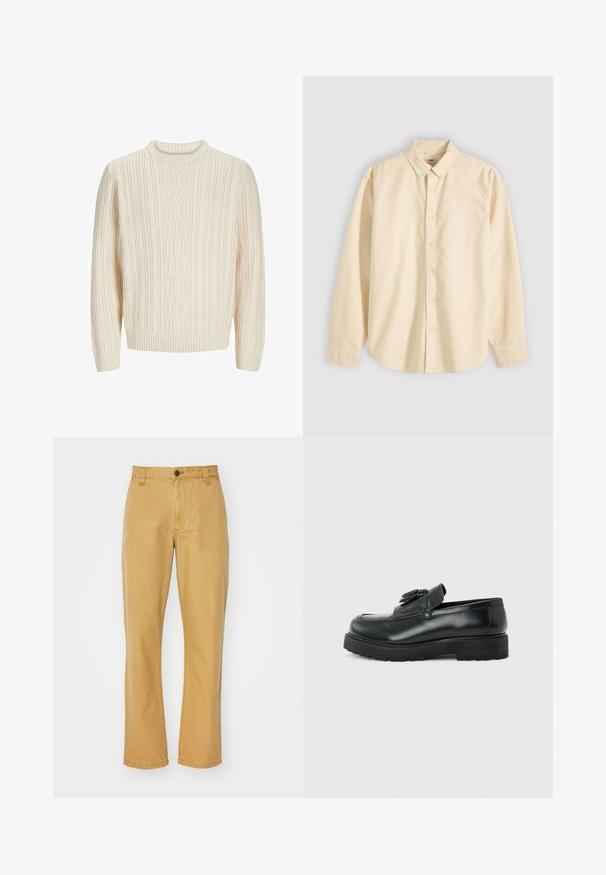 Jersey de punto color crema con un patrón acanalado texturizado, cuello redondo y puños y dobladillo acanalados. Tejido suave y grueso.; Camisa beige de manga larga con botones y cuello, mostrada plana con los botones abrochados y los puños cerrados sobre un fondo claro.; Chinos de algodón beige con corte recto, que presentan un cierre de botón, presillas para cinturón y detalles cosidos en el dobladillo.; Mocasín de cuero negro con borlas, suela de caucho gruesa y tacón bajo, mostrado de perfil sobre un fondo liso.